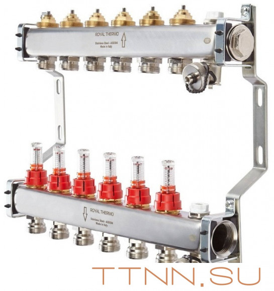 Для отопления Royal Thermo 1" ВР-3/4" НР, 6 выходов с расходомерами, нерж. (RTE 52.106) Для отопления Royal Thermo 1" ВР-3/4" НР, 6 выходов с расходомерами, нерж. (RTE 52.106)