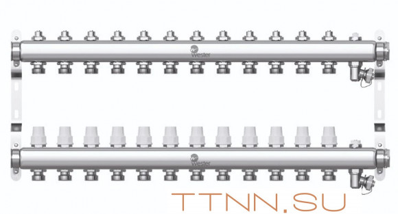 Коллектор нерж. для отопления Wester 1"-3/4 в сборе на 11 выходов с 2 заглушками
