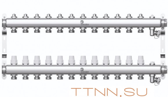 Коллектор нерж. для отопления Wester 1"-3/4 в сборе на 12 выходов с 2 заглушками