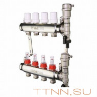 Коллекторная группа VALTEC VTc.589.EMNX.0603 1" х 3/4" на 3 выхода из нерж.стали c термостатическими клапанами и расходомерами