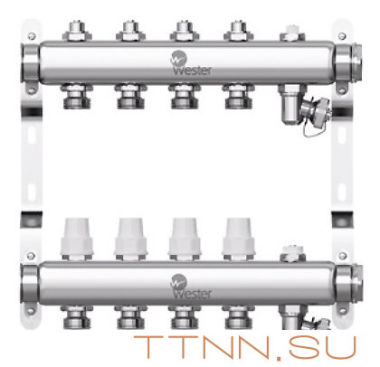 Коллектор нерж. для отопления Wester 1"-3/4 в сборе на 4 выхода с 2 заглушками