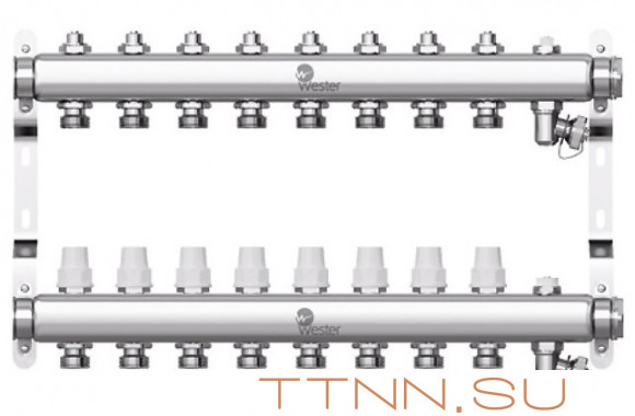 Коллектор нерж. для отопления Wester 1"-3/4 в сборе на 8 выходов с 2 заглушками