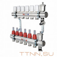 Коллекторная группа VALTEC VTc.596.EMNX.0607 1" х 3/4" на 7 выходов латунная c термостатическими клапанами и расходомерами